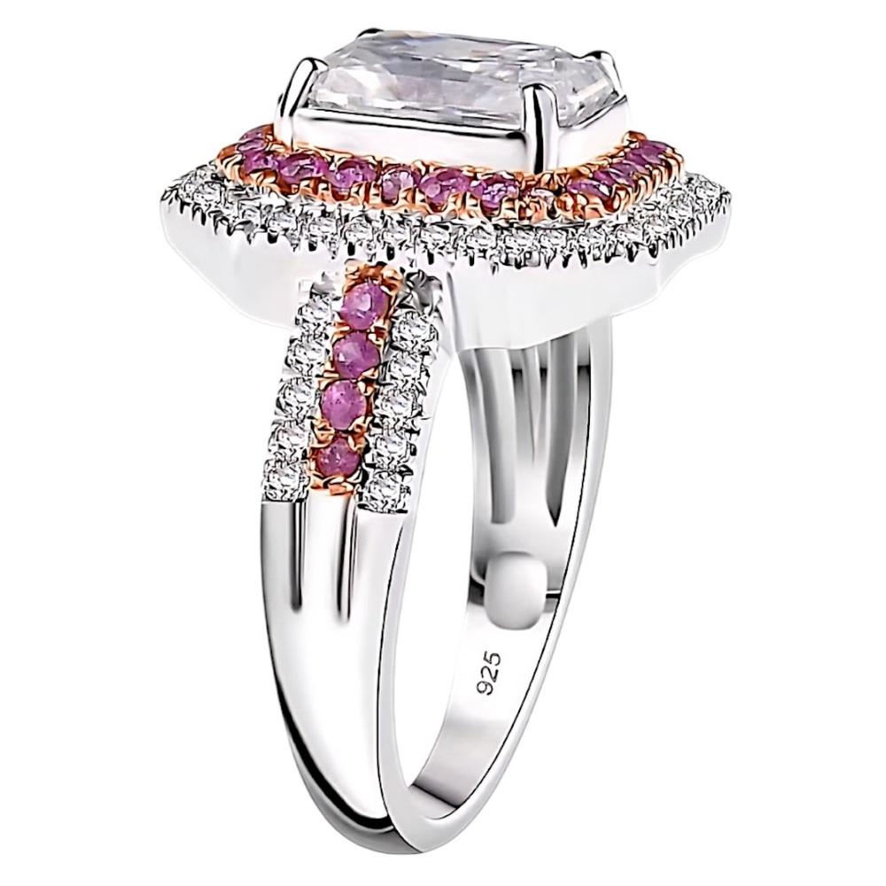 Moissanite Pink Sapphire Halo Ring 3.50ctw 18K Rose Gold over 925 Sterling - Picture 3 of 6
